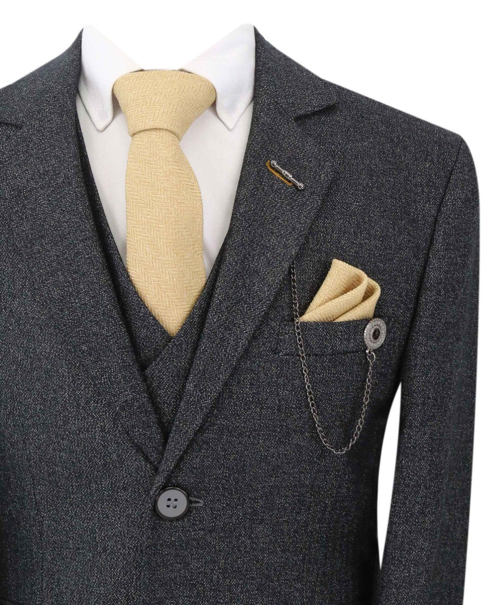 Boys Tailored Fit Herringbone Patterned Suit - TONY - Charcoal Grey