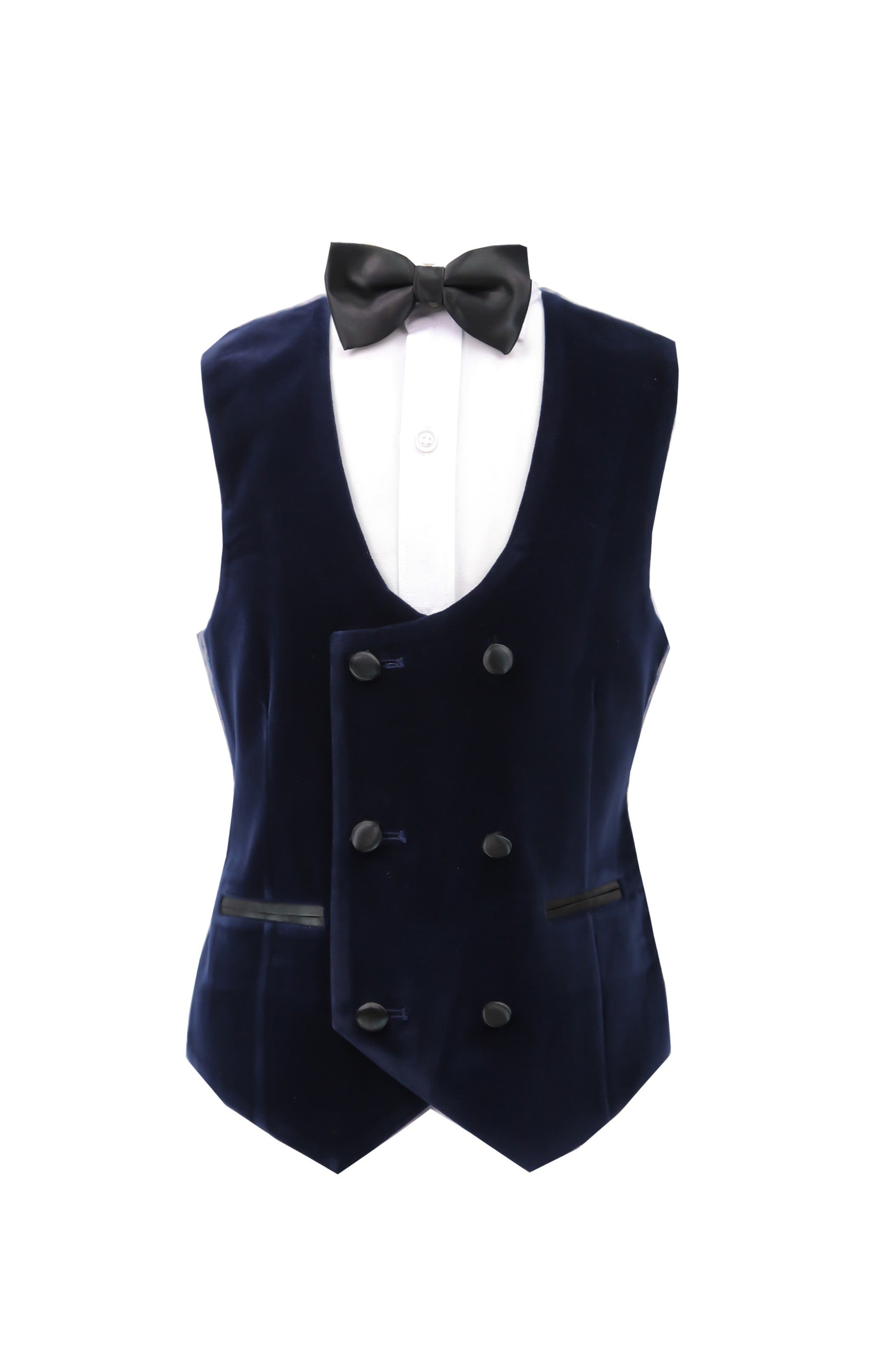 Boys Velvet Tuxedo Suit with Double-breasted Vest - Navy Blue