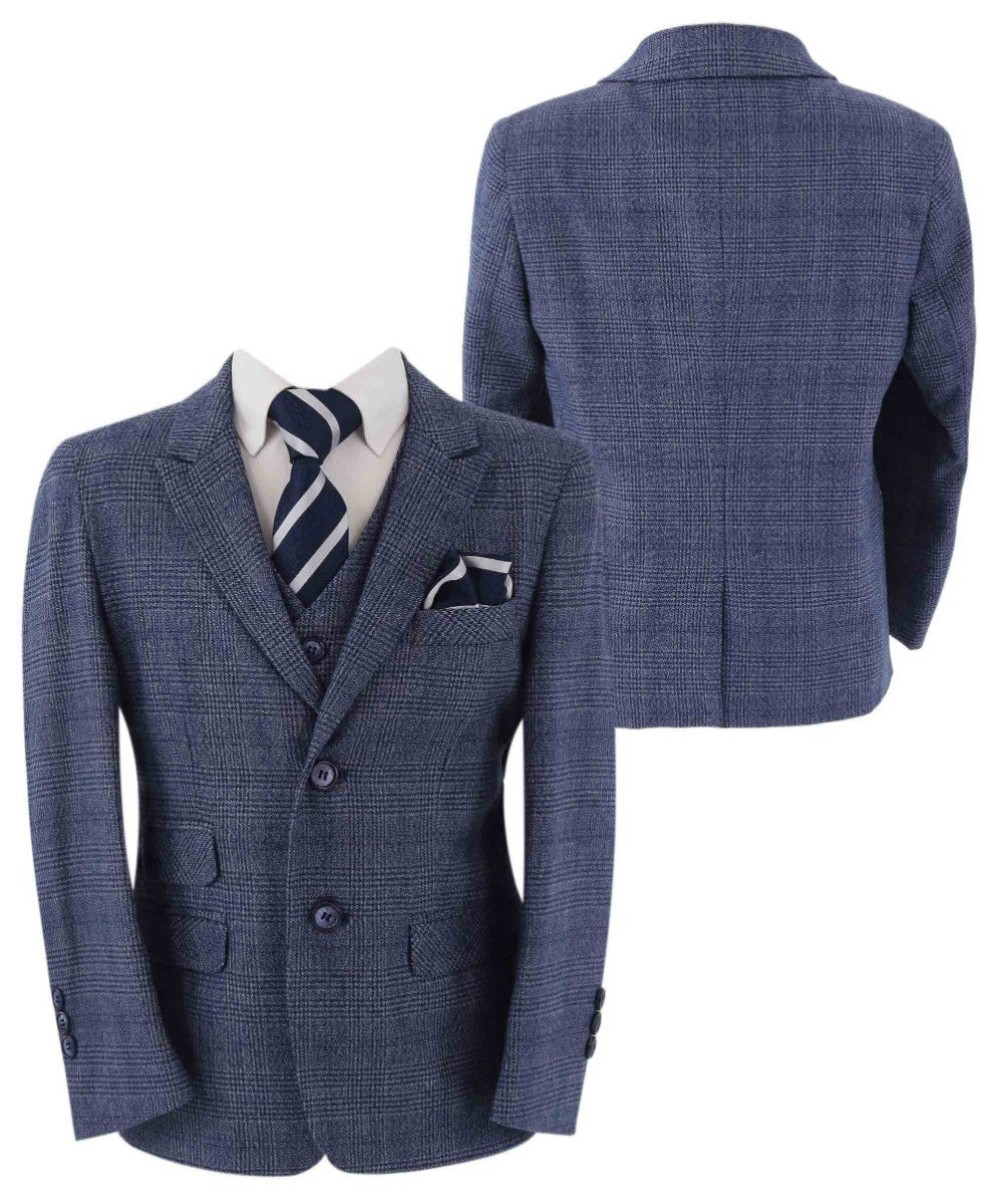 Boys Tweed Check Blue Suit - GRAHAM - Blue