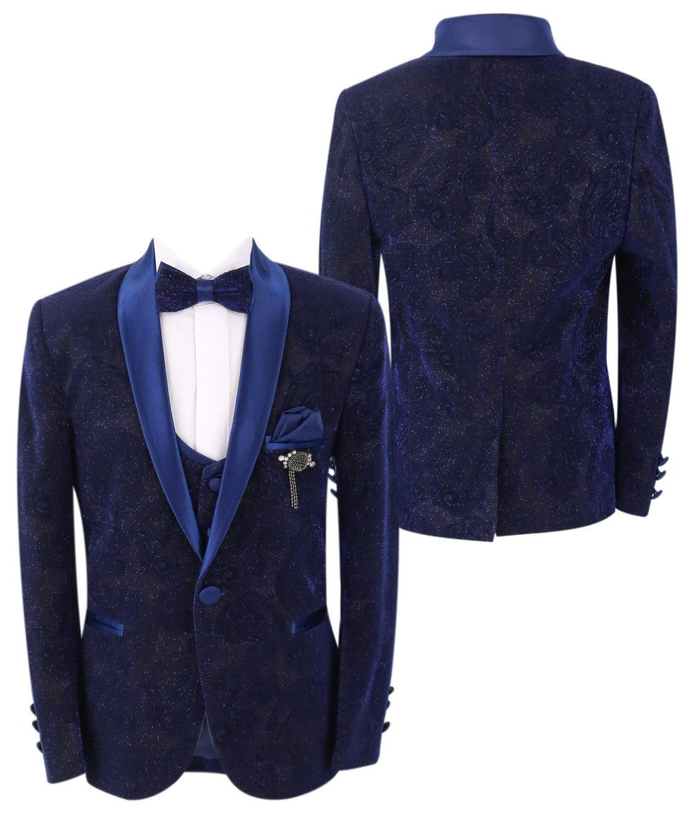 Boys Shimmer Slim Fit Navy Blue Tuxedo Suit - Navy Blue