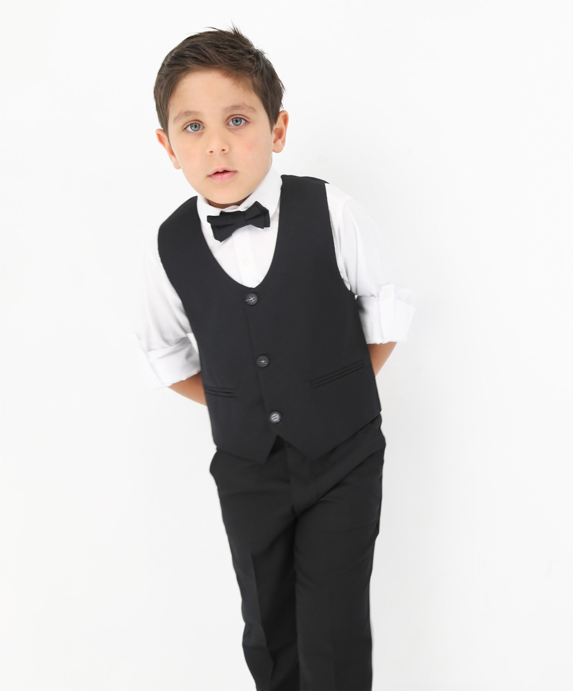 Boys' Slim Fit Textured Waistcoat Suit Set, Formal Outfit - Black