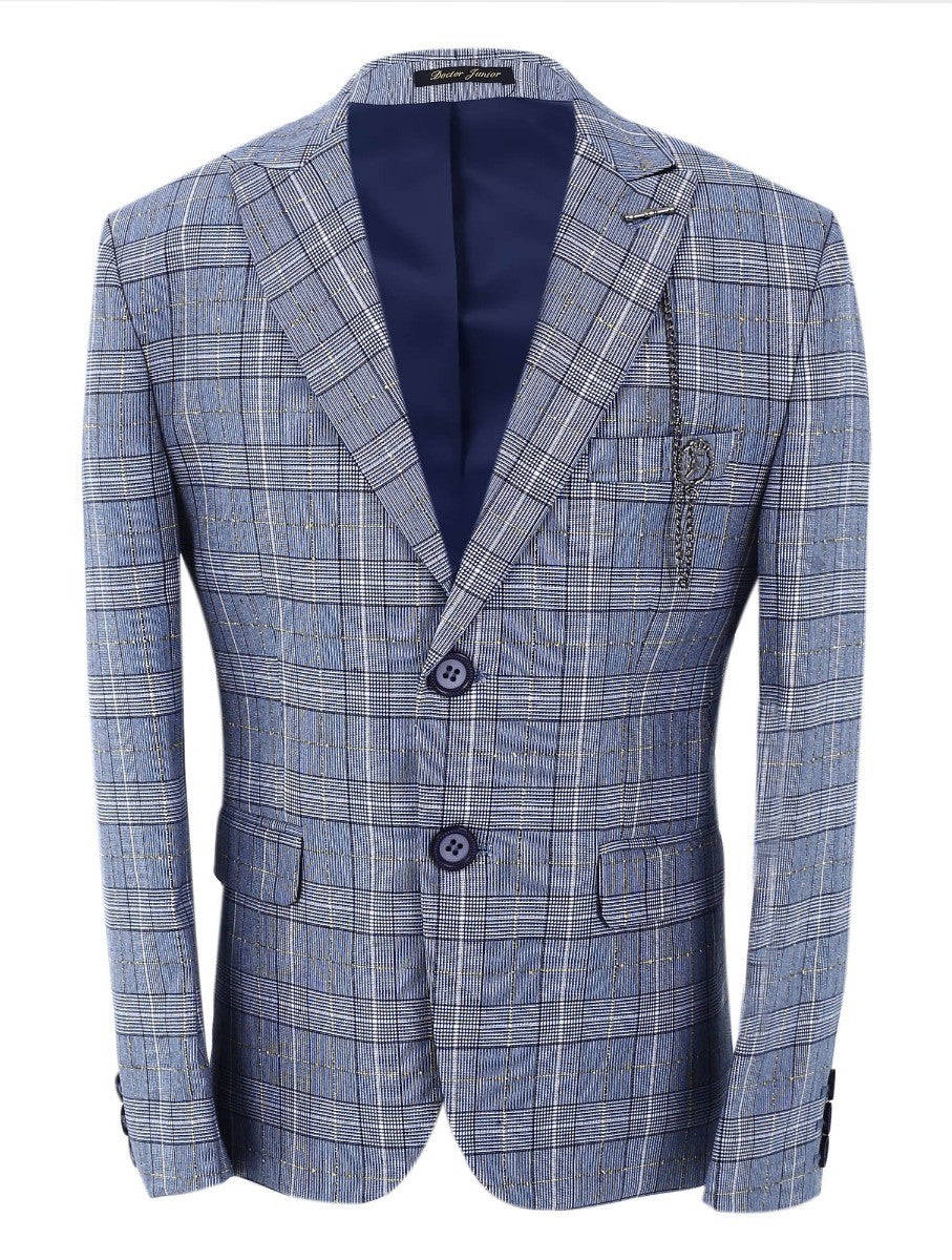 Boys Retro Check Slim Fit Suit - Grey - Navy Blue