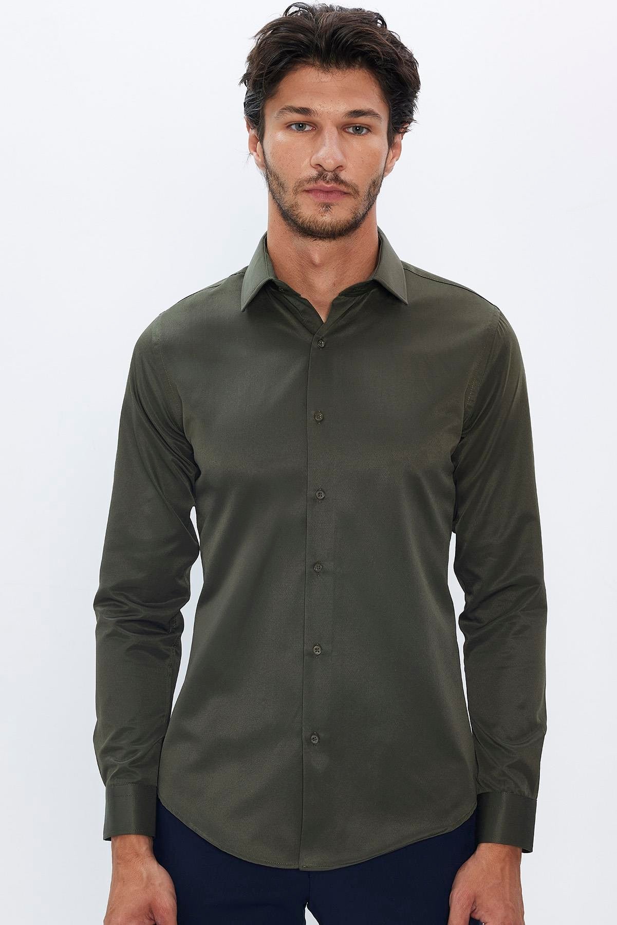 Men's Slim Fit Button-Down Cotton Blend Dress Shirt - Dimi Dotti - Khaki Green