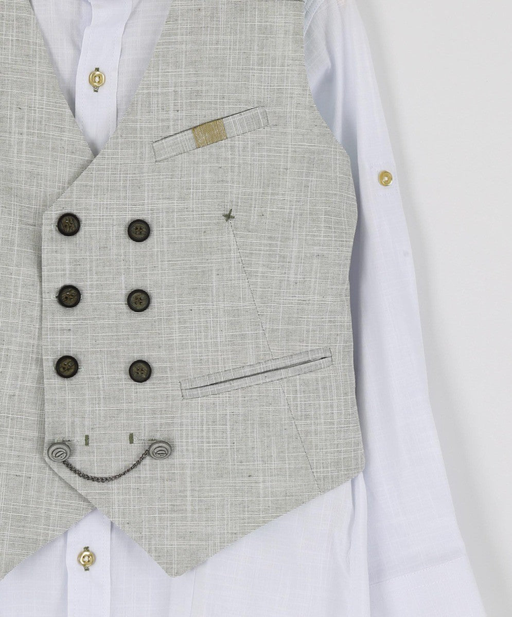 Boys Self Patterned Double-Breasted Linen Waistcoat Suit Set - Light Khaki