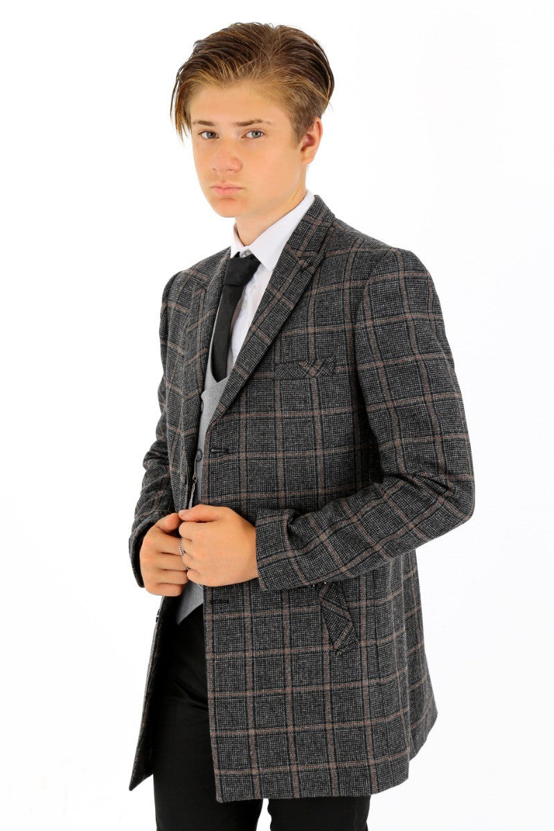 Boys Wool Tweed Check Midi Coat - FAUNUS - Dark Grey