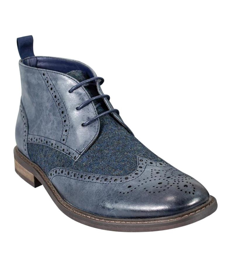 Men's Tweed Brogue Ankle Boots - CURTIS - Navy Blue