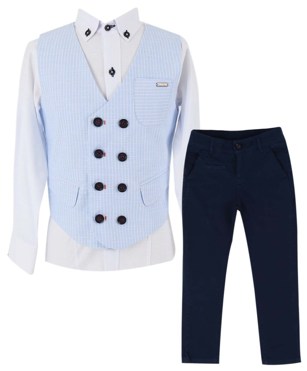 Boys Cotton Linen Pinstrip Waistcoat Suit Set - Baby Blue