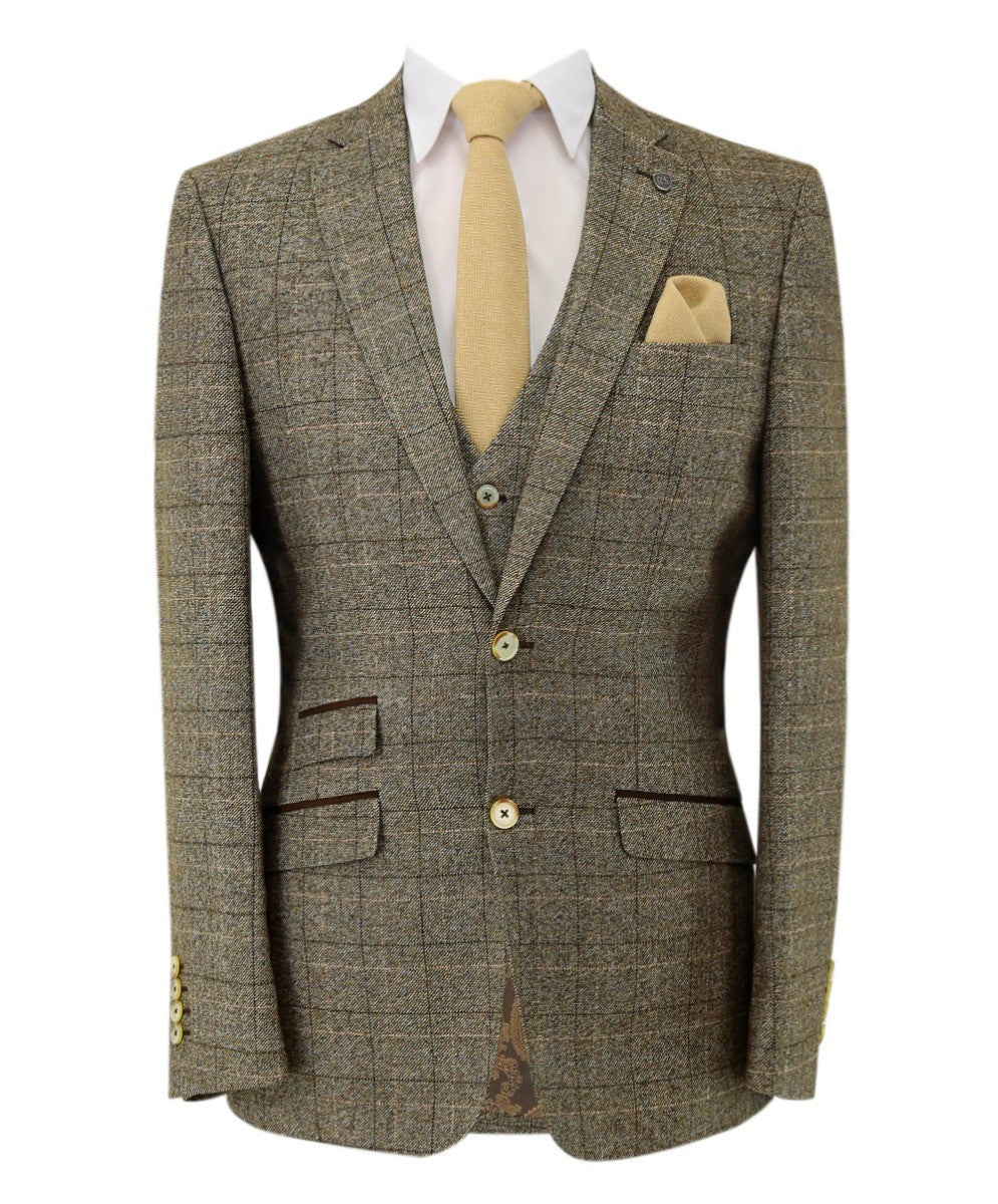 Men's Tweed Windowpane Check Suit Jacket - LIAM Beige - Beige