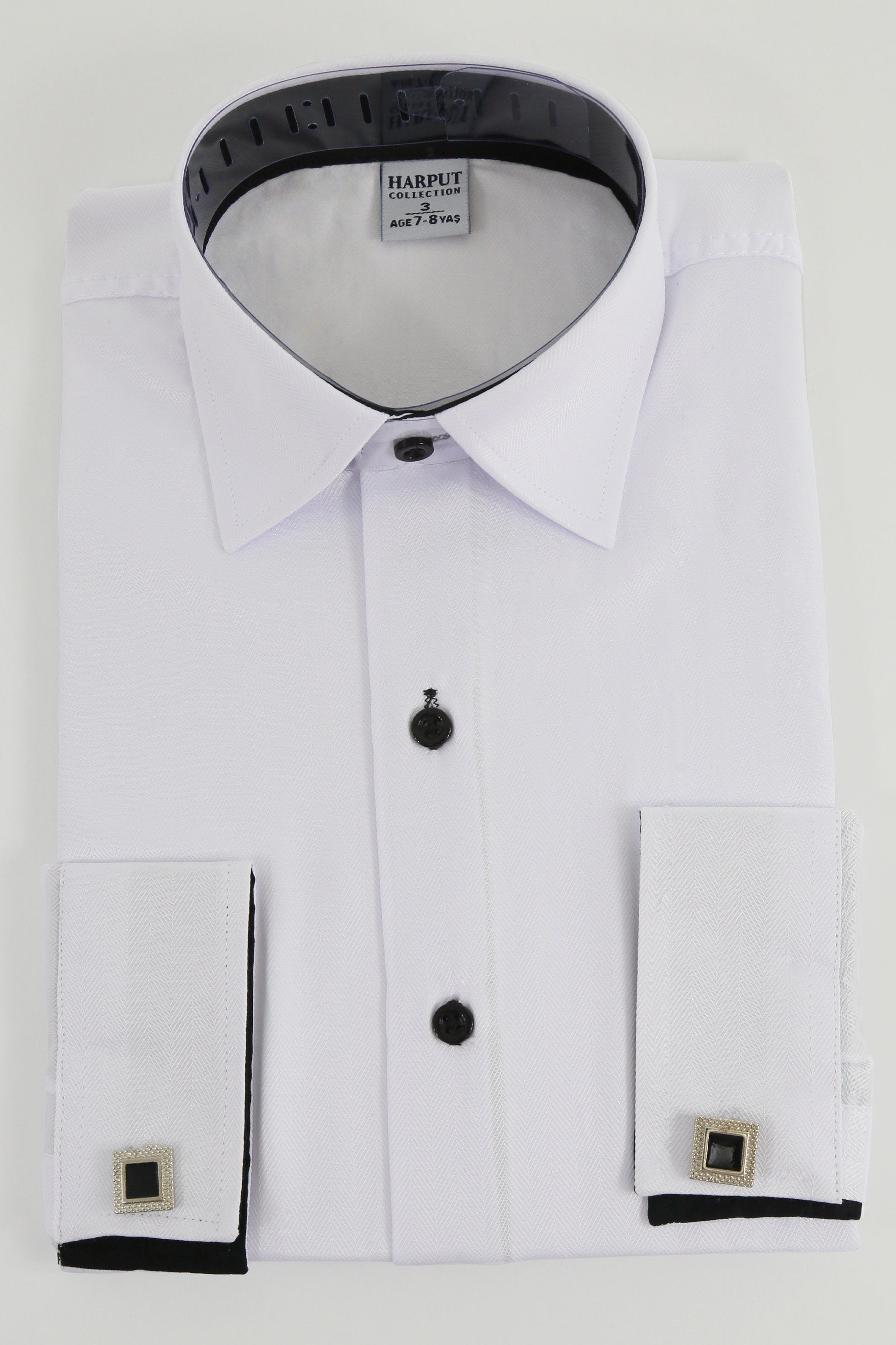 Boys White Formal Dress Shirt with Cufflinks - Herringbone Pattern - HARPUT - White