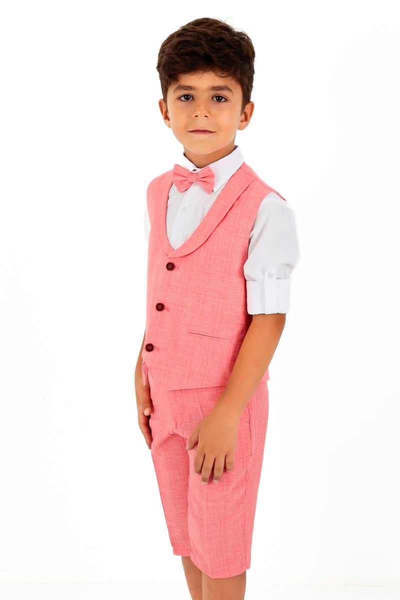 Boys Linen Waistcoat Suit Set - Red