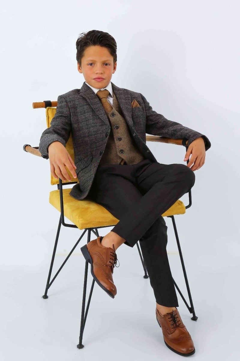 Boys Tweed Herringbone Blazer and Waistcoat Suit Set - Dark Brown