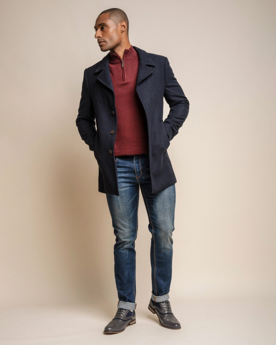 Men's Wool Blend Mid-length Coat - NELSON - Navy Blue