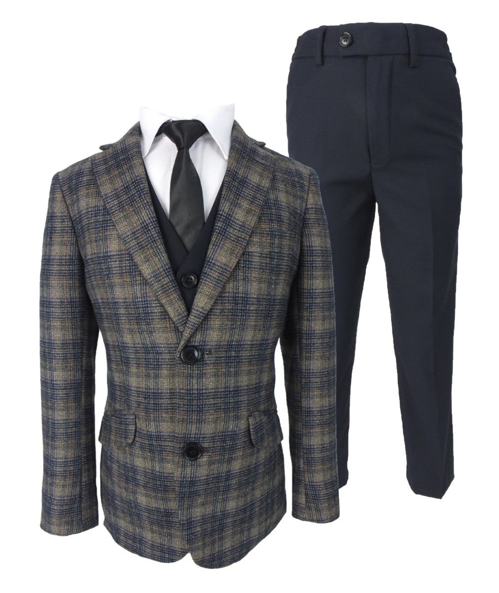 Boys Slim Fit Woven Effect Plaid Check Suit - Navy Blue