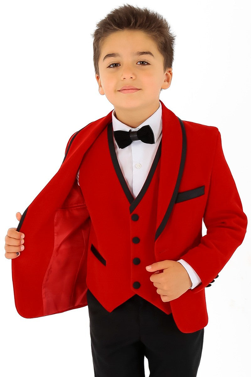 Boys Slim Fit Piping Velvet Tuxedo Suit - LONDON - Red