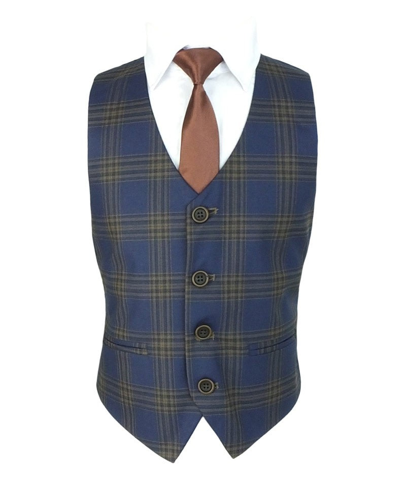 Boys Windowpane Check Tweed Tailored Fit Suit - Navy Blue - Brown