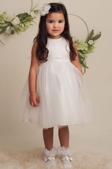 Flower Girl Dress with Lace & Bow - ROSE - Ivory