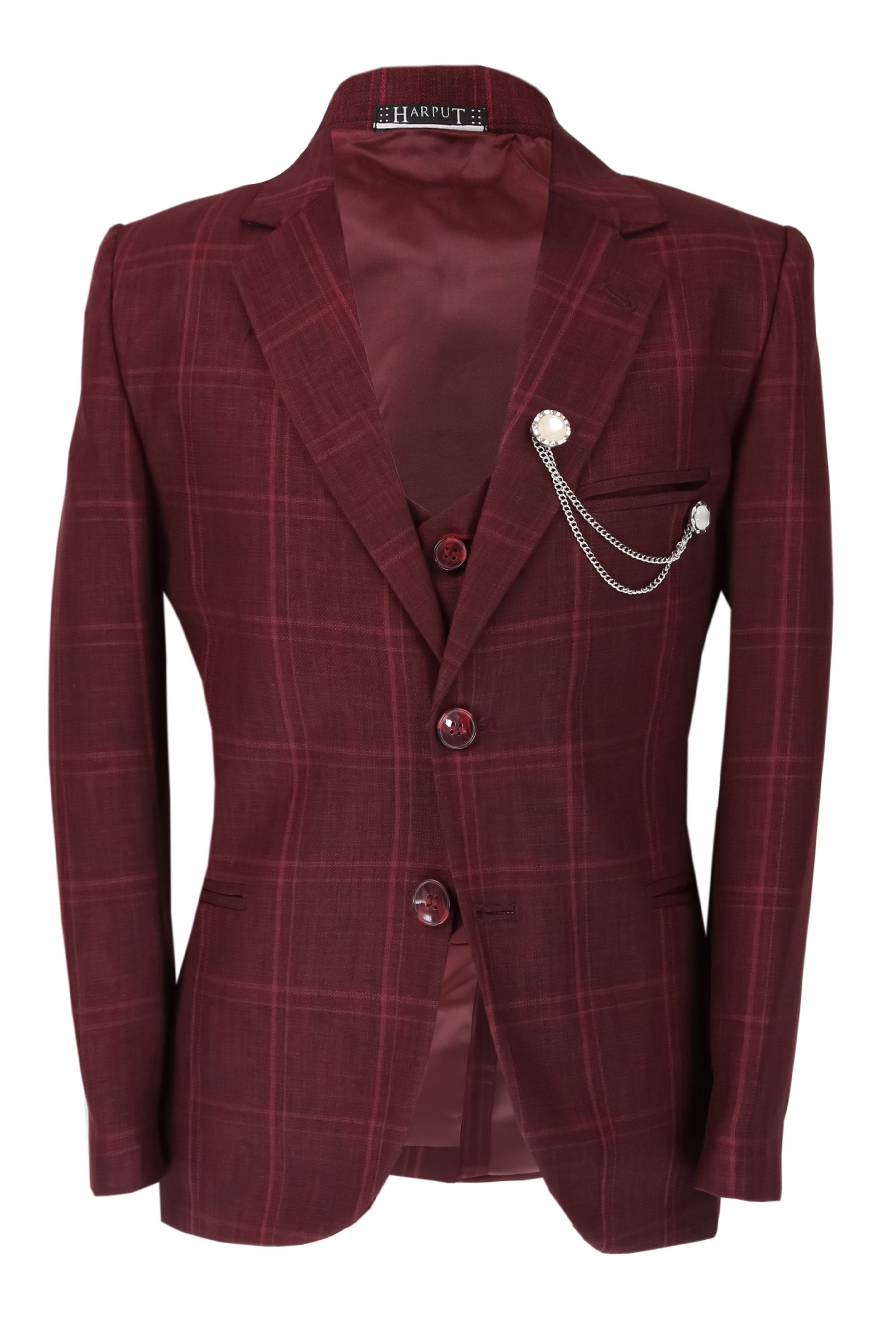 Boys Slim Fit Windowpane Check Burgundy Suit Set - Burgundy