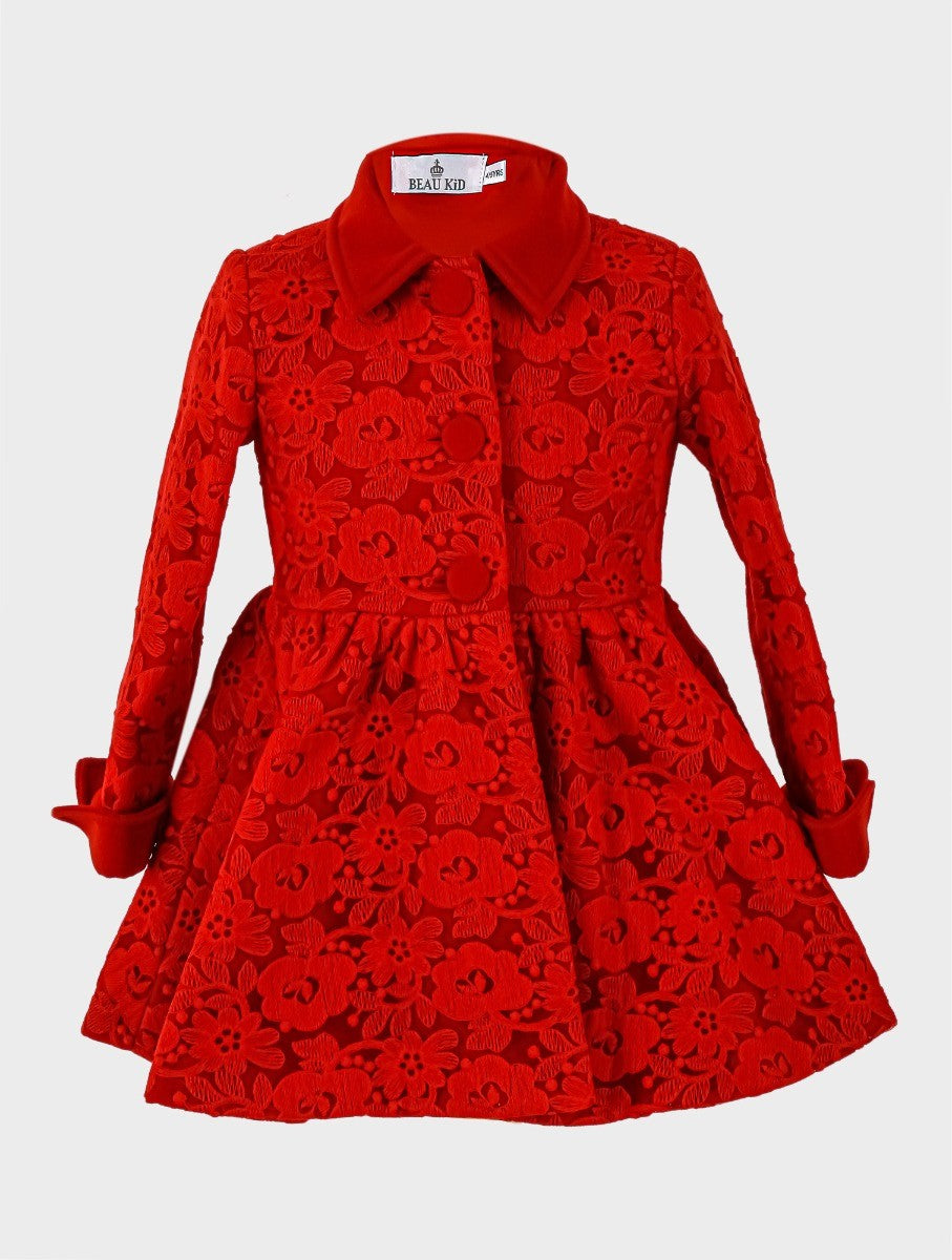 Girls Coat Floral Embroidered Lace 2 Piece Set - Red