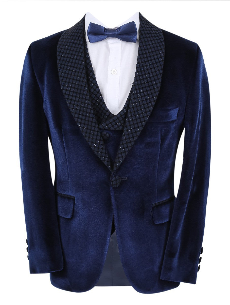 Boys Velvet Slim Fit Tuxedo Dinner Suit - Navy Blue