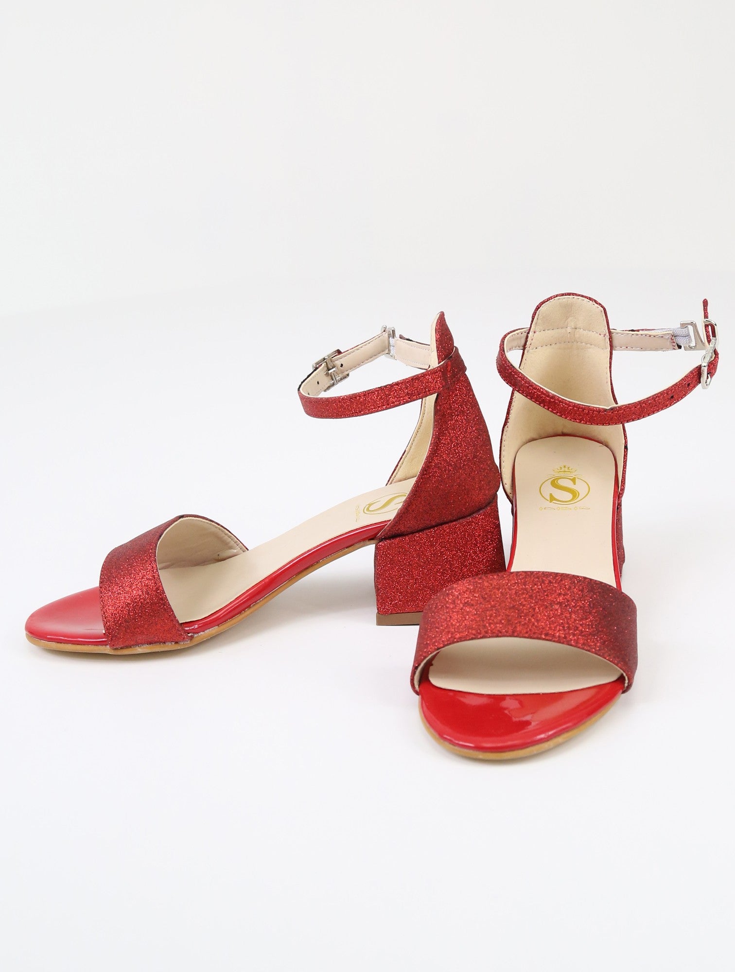 Girls Ankle-Strap Block Heel Sandals - SPARKLE - Red