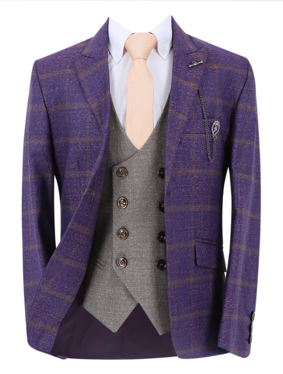 Boys Windowpane Check Slim Fit Suit Set - Dark Purple