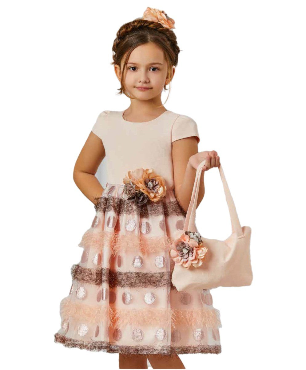 Girls Salmon Pink Polka Dress - 3 Piece Set - Peach