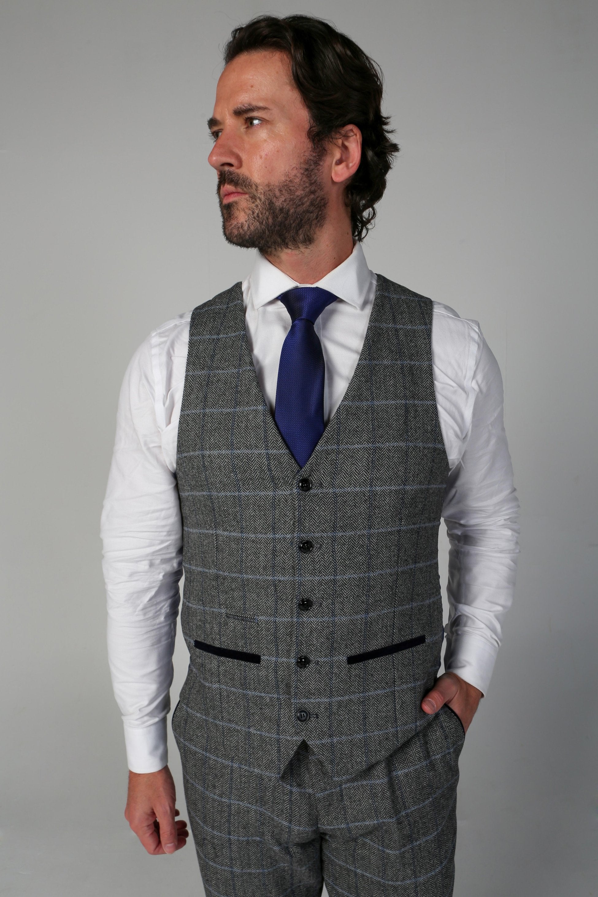 Men's Tweed Retro Windowpane Waistcoat - HARRIS - Grey