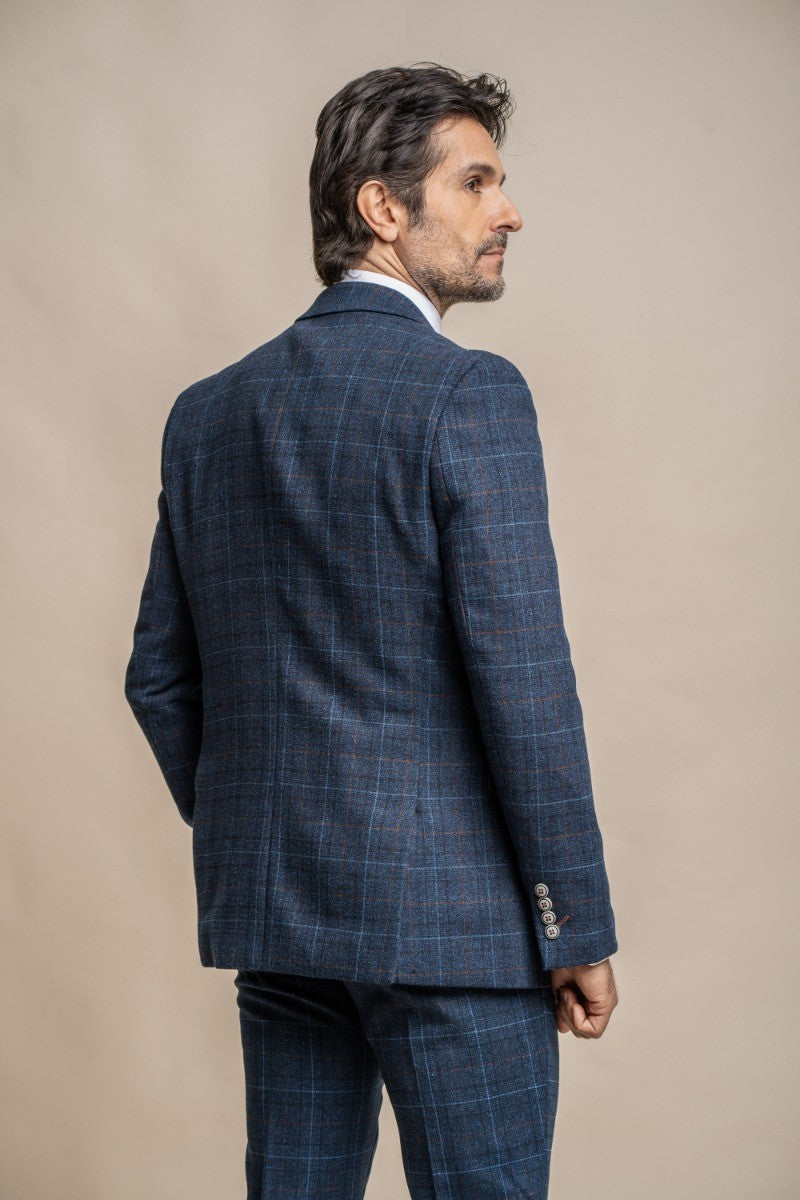 Men's Windowpane Check Tweed Blue Suit Jacket - CODY - Navy Blue