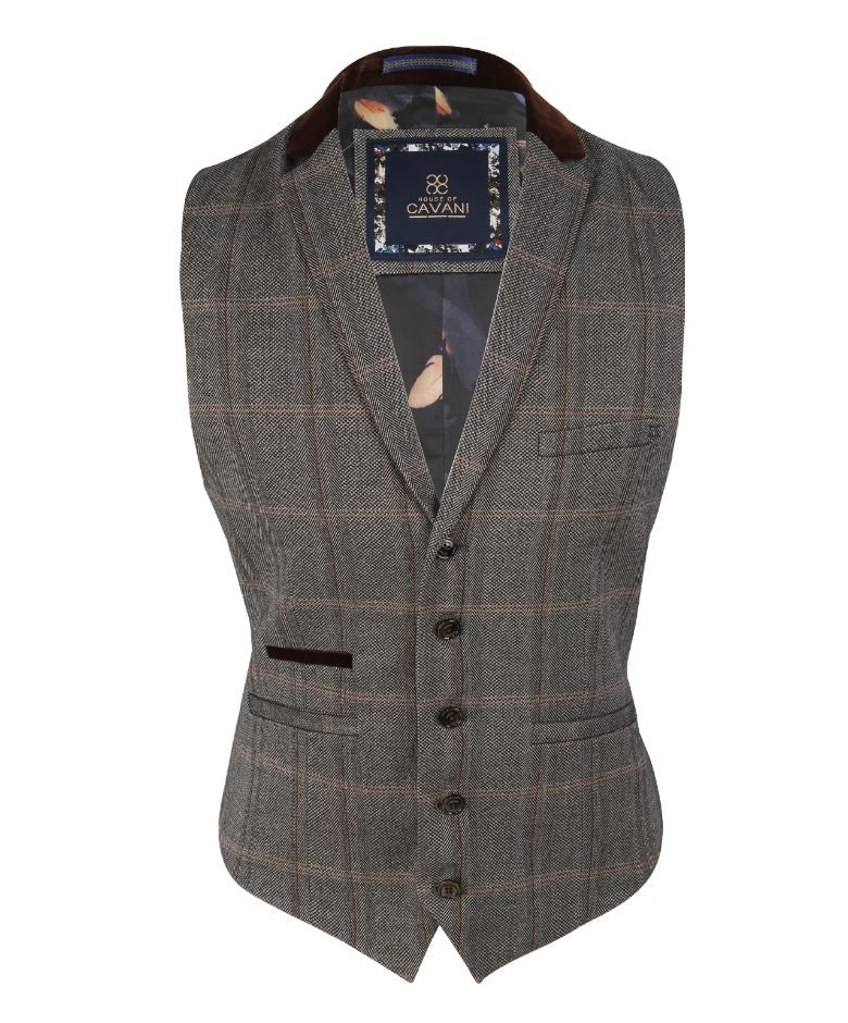 Men's Tweed Check Retro Suit Waistcoat - Connall Brown - Brown