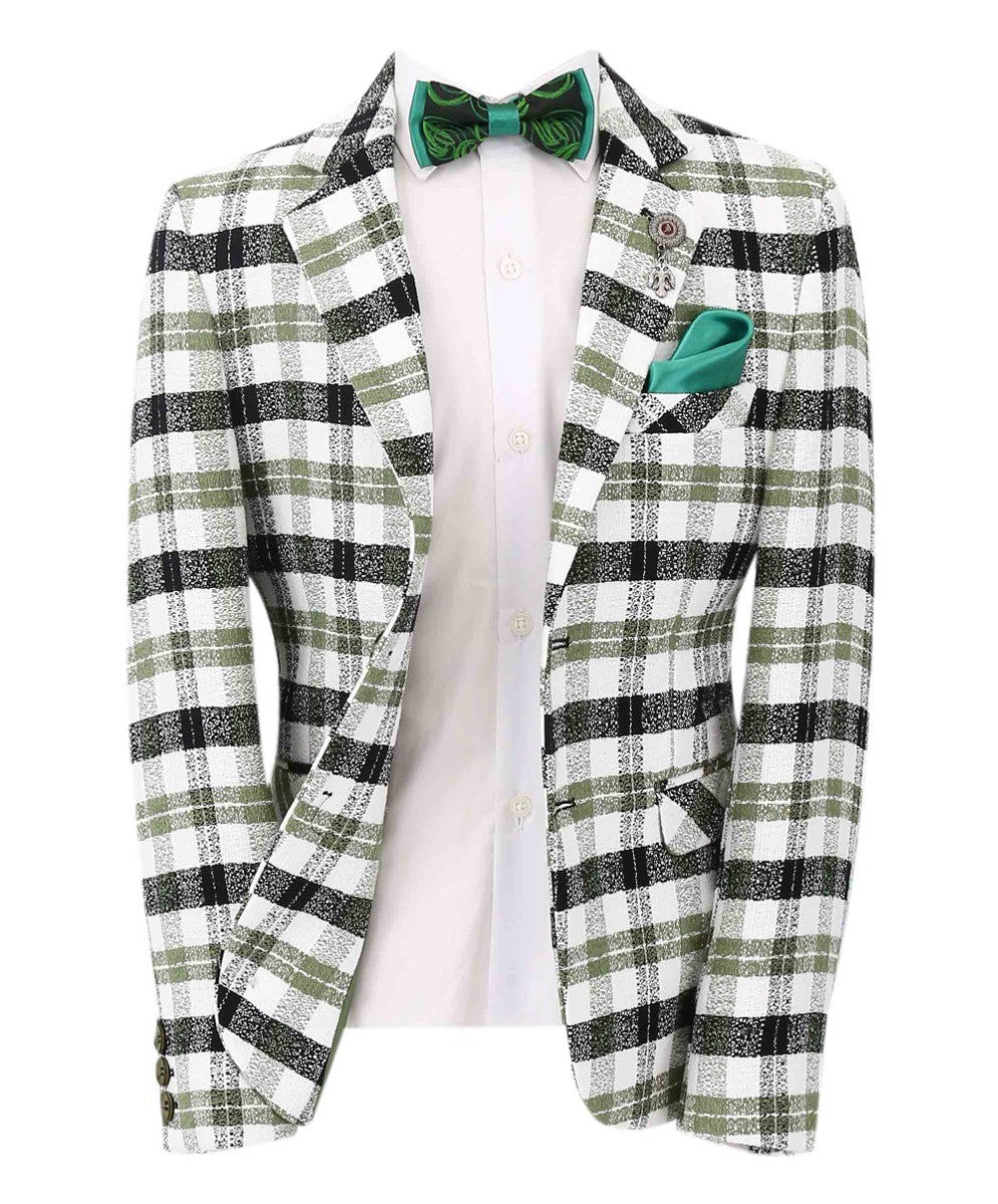 Boys Plaid Cotton Retro Slim Fit Formal Blazer - Green