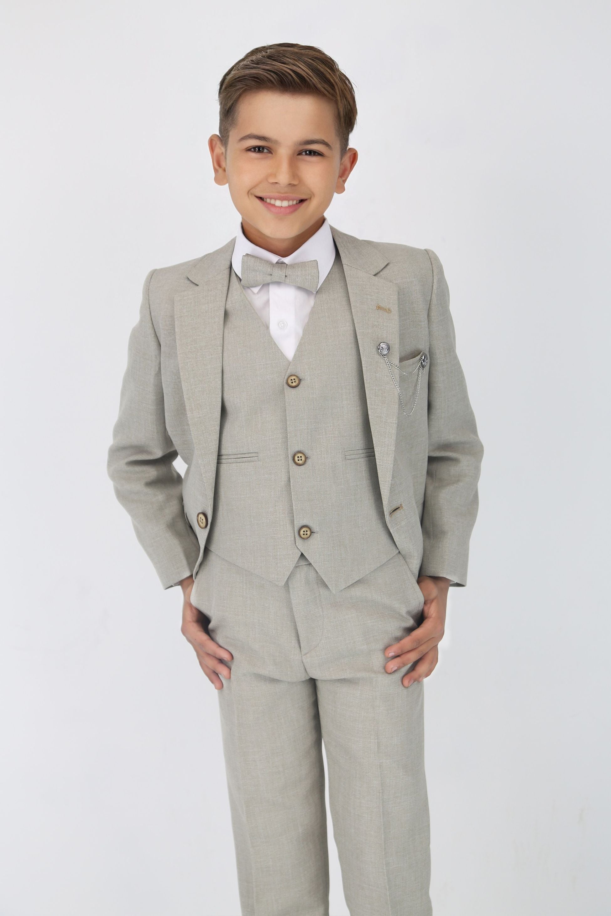 Boys Slim Fit Textured 8-Piece Formal Suit Set - Taupe Beige