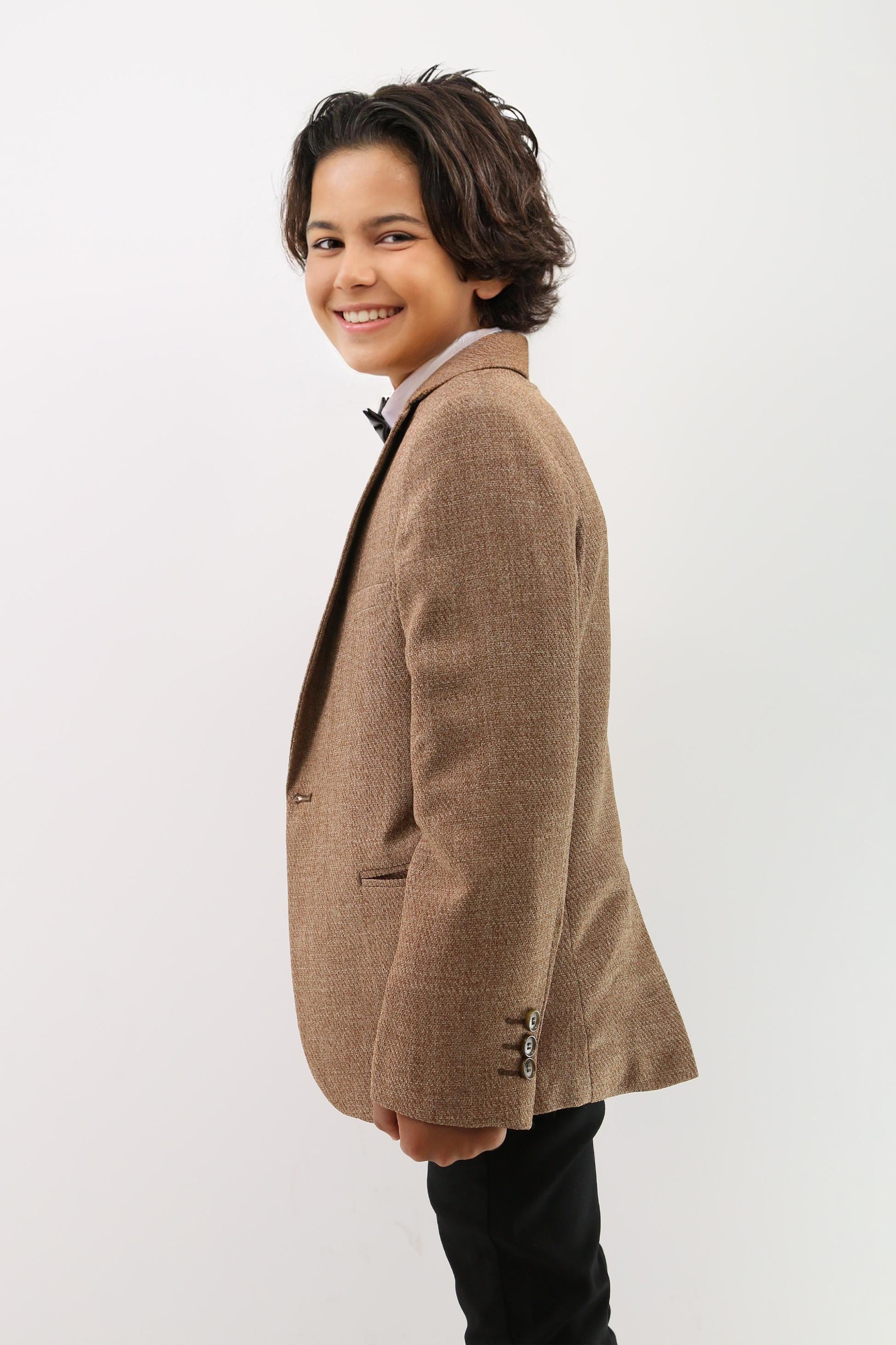 Boys Formal Textured Tweed Blazer - Mustard Brown