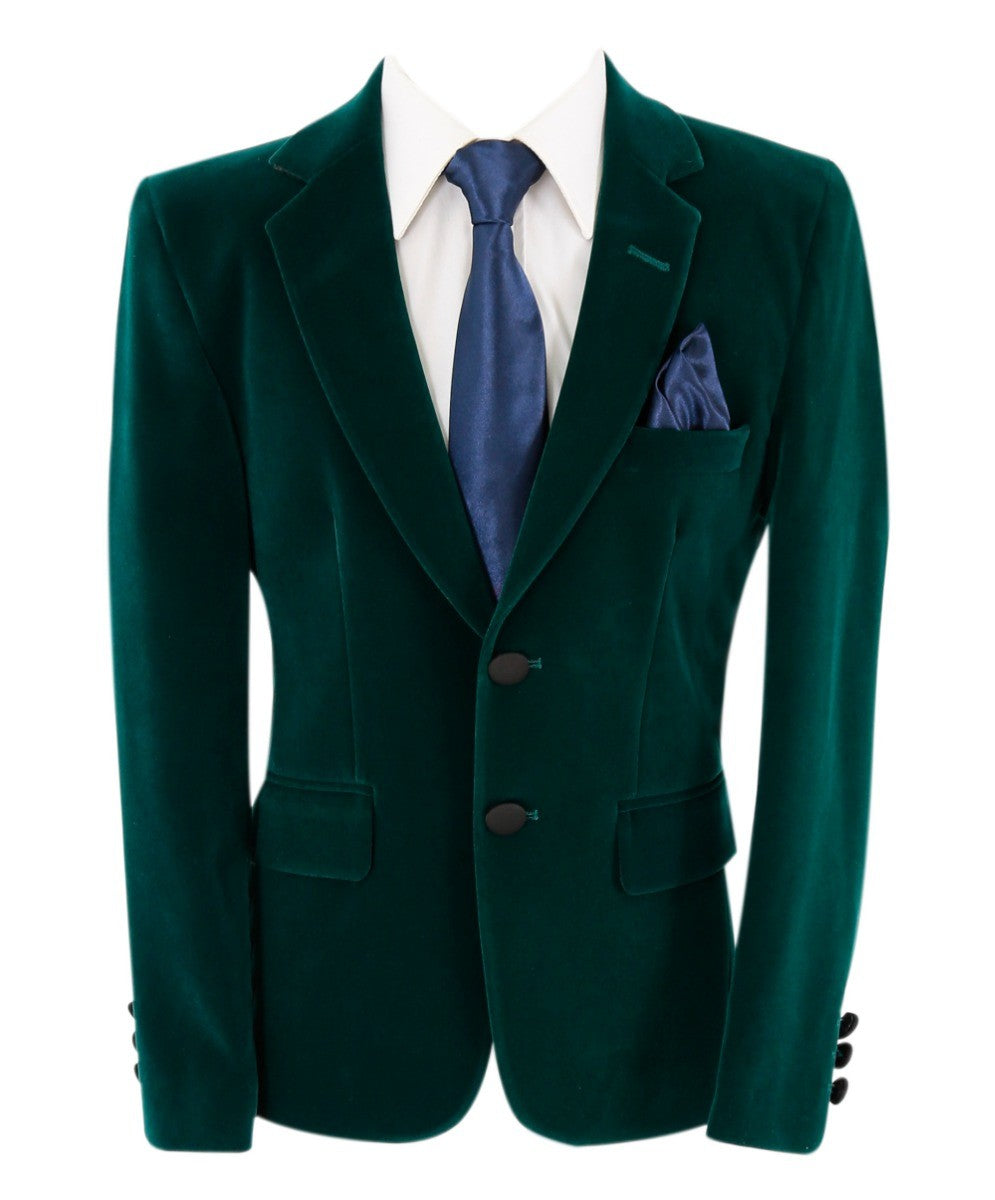 Boys Velvet Slim Fit Formal Blazer - Hackney - Dark Green