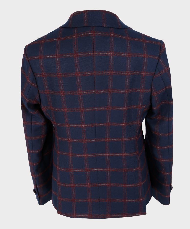 Boys Tailored Fit Windowpane Retro Check Suit - Navy Blue -Maroon