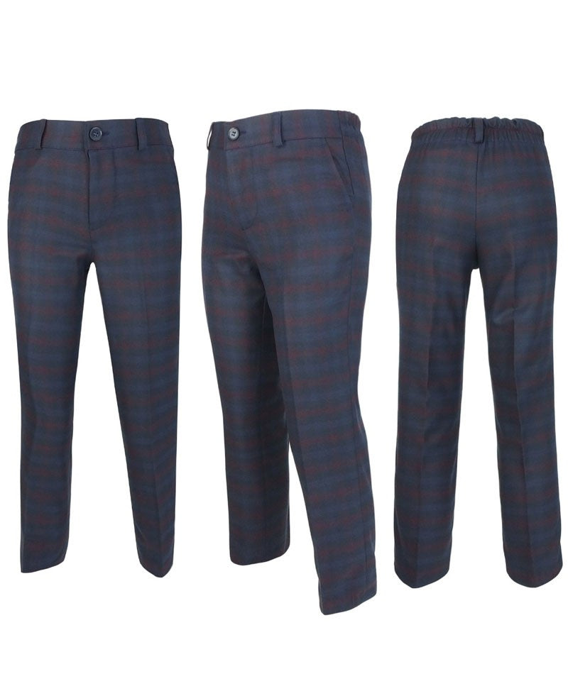 Boys Tailored Fit Retro Check Navy Suit - Navy Blue - Red