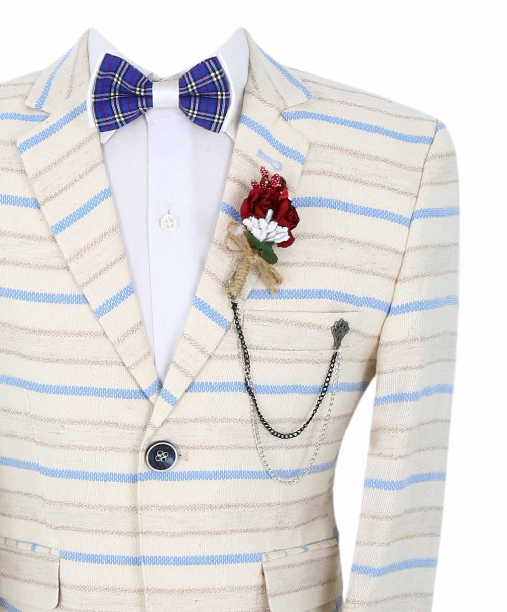 Boys Slim Fit Striped Blazer - Beige - Blue