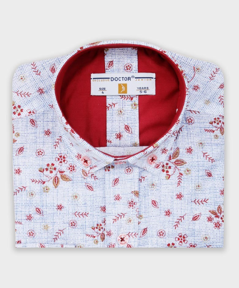 Boys Slim Fit Floral Patterned Fashion Shirt - Blue - Red