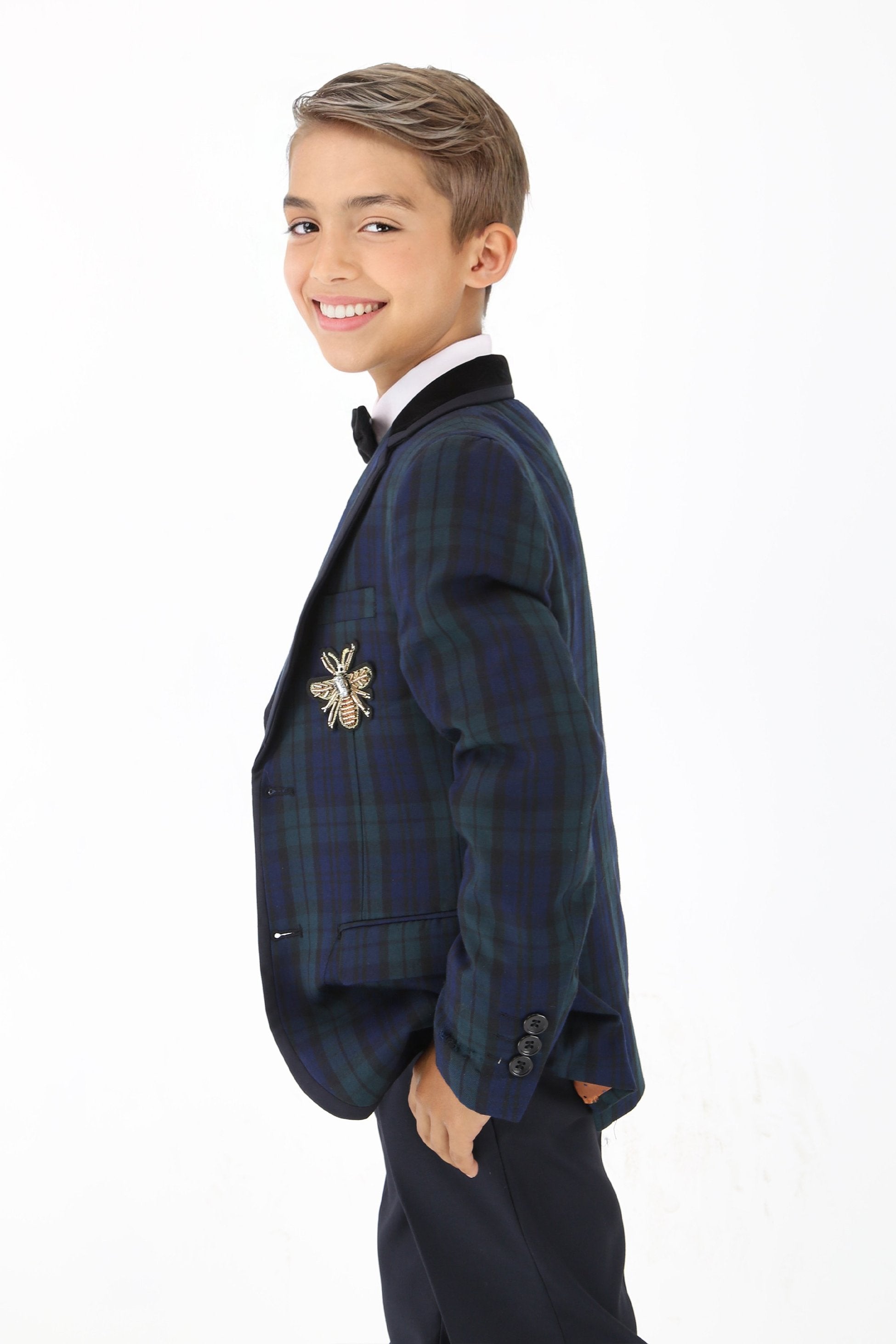 Stylish Boys Tartan Plaid Suit - Navy Blue - Green