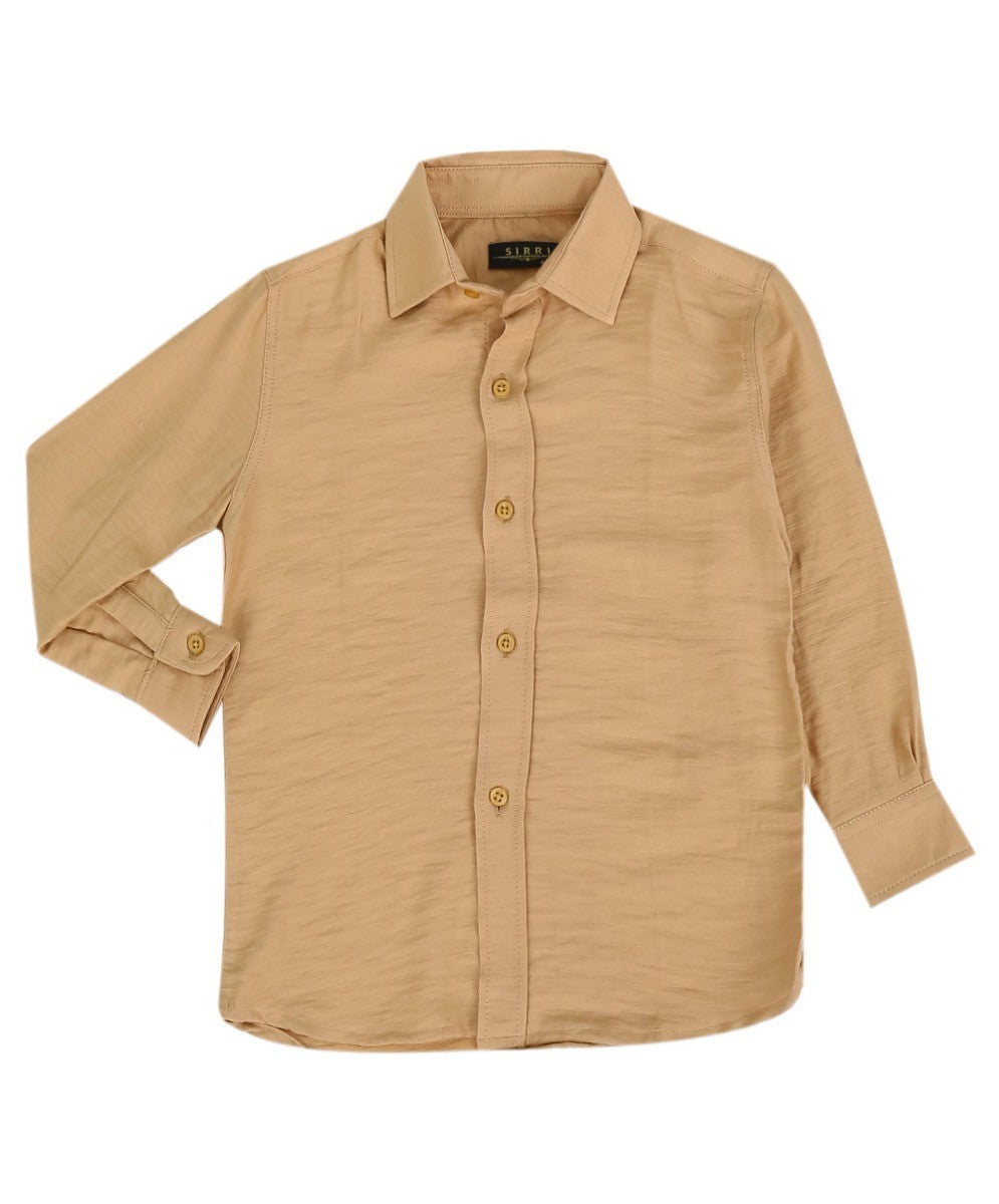 Boys Cotton Linen Classic Collar Shirt - Tan Beige