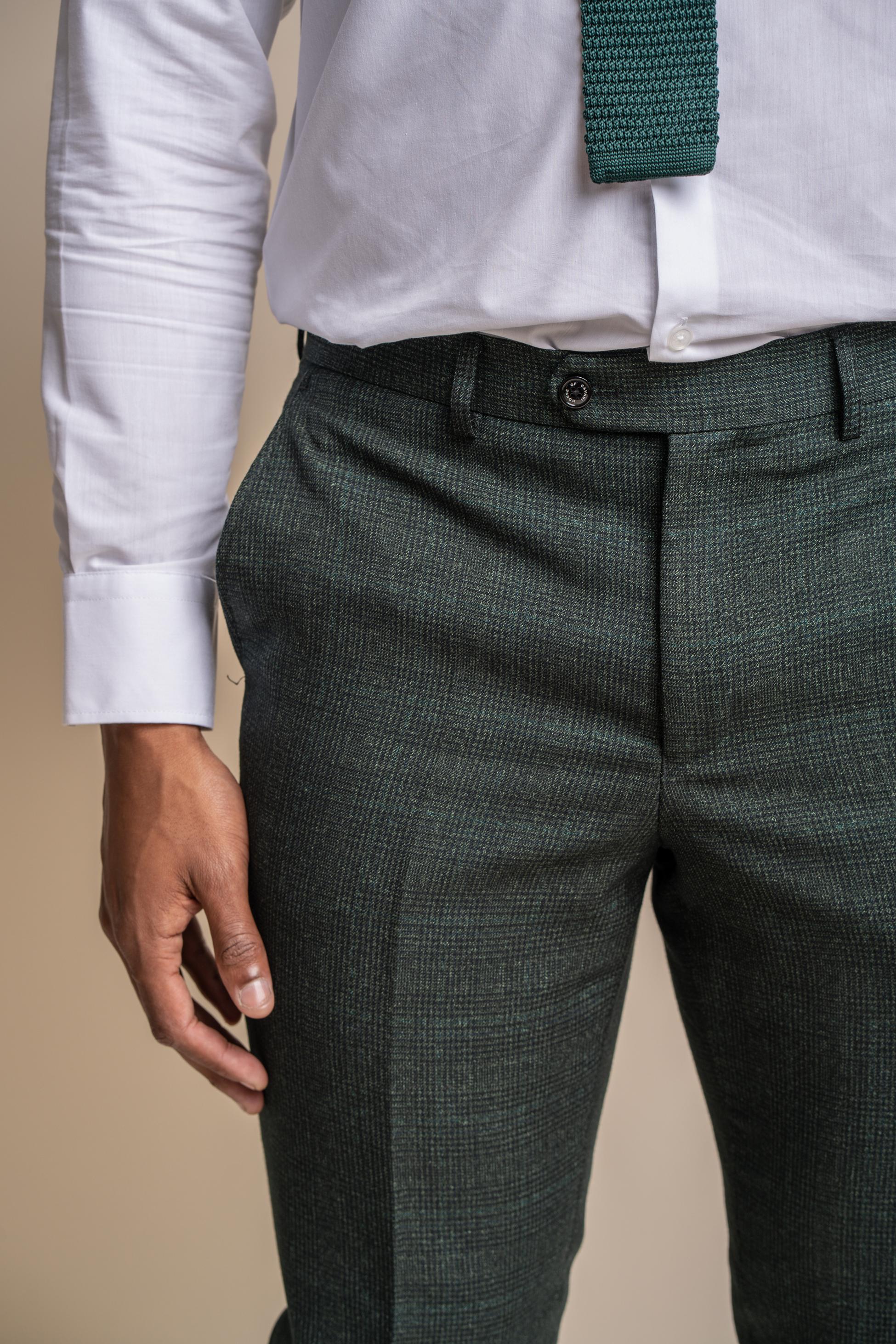 Men's Tweed Houndstooth Check Slim Fit Trousers - CARIDI - Olive Green