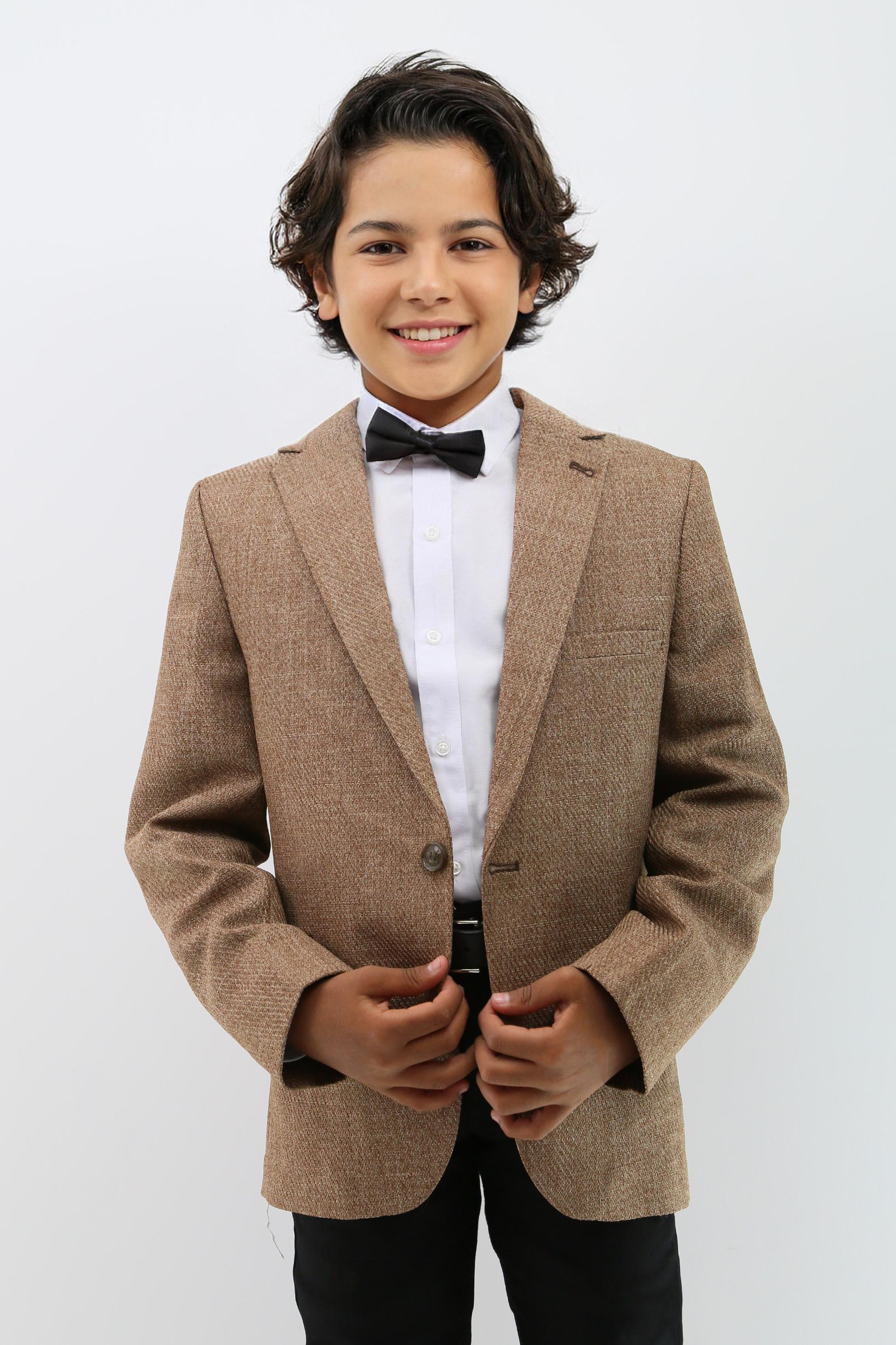 Boys Formal Textured Tweed Blazer - Mustard Brown