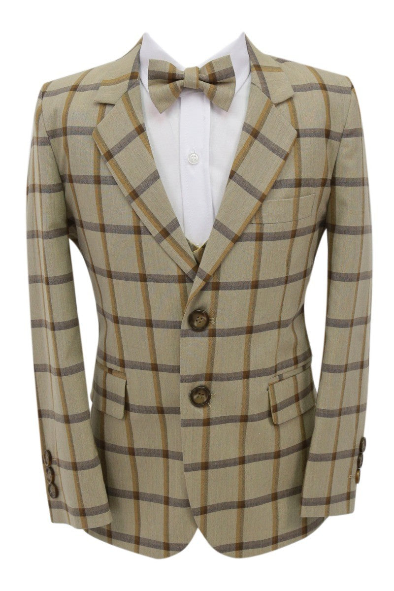 Boys Windowpane Check Suit 7 PC Set - Beige