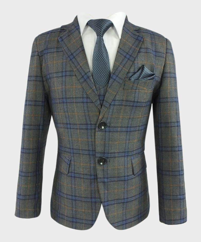 Boys Tailored Fit Windowpane Check Grey Suit - Blue - Orange