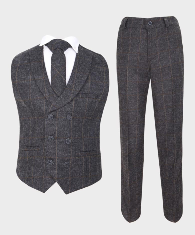 Boys Herringbone Check Double-breasted Waistcoat Suit Set - Dark Grey