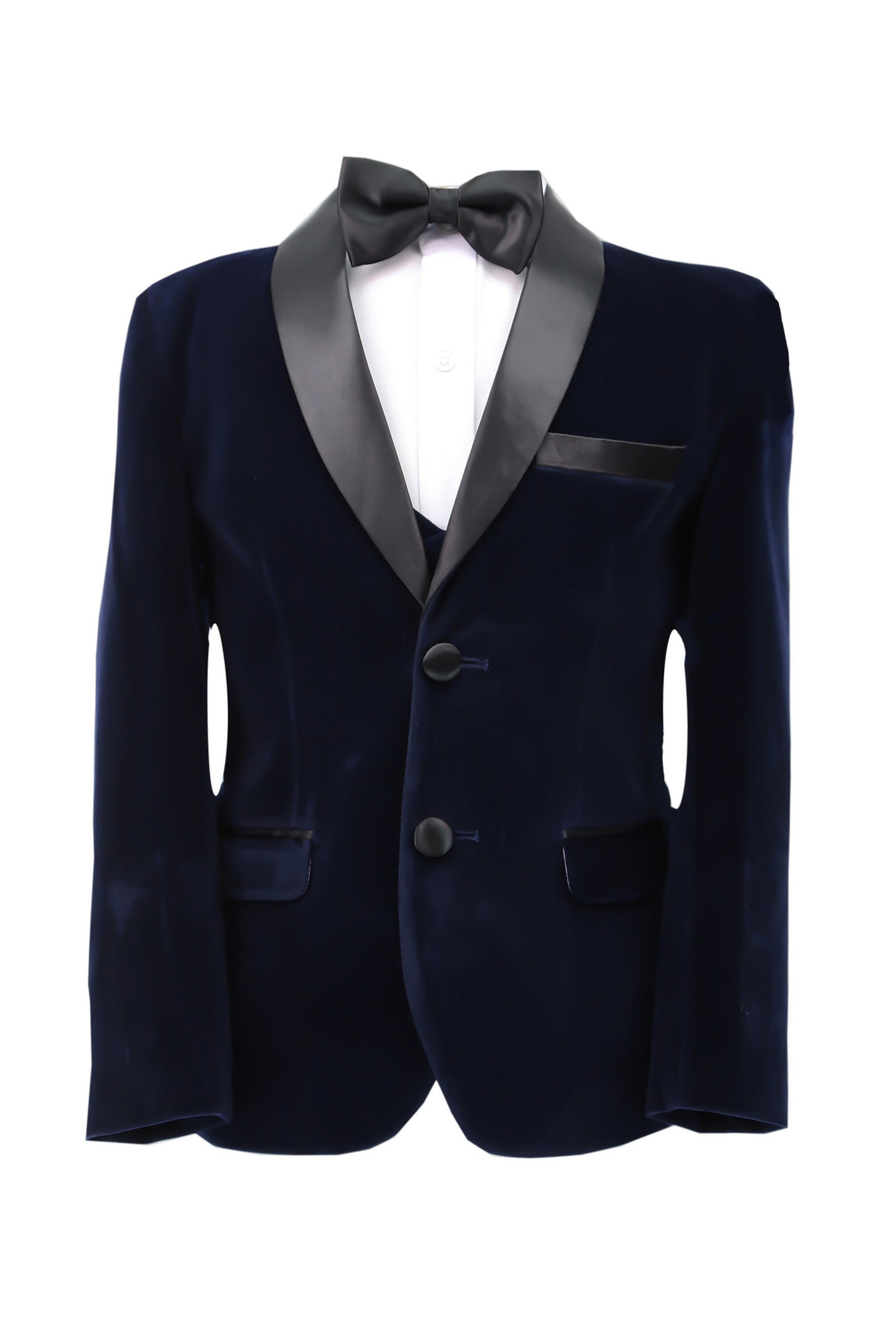 Boys Velvet Tuxedo Suit with Double-breasted Vest - Navy Blue