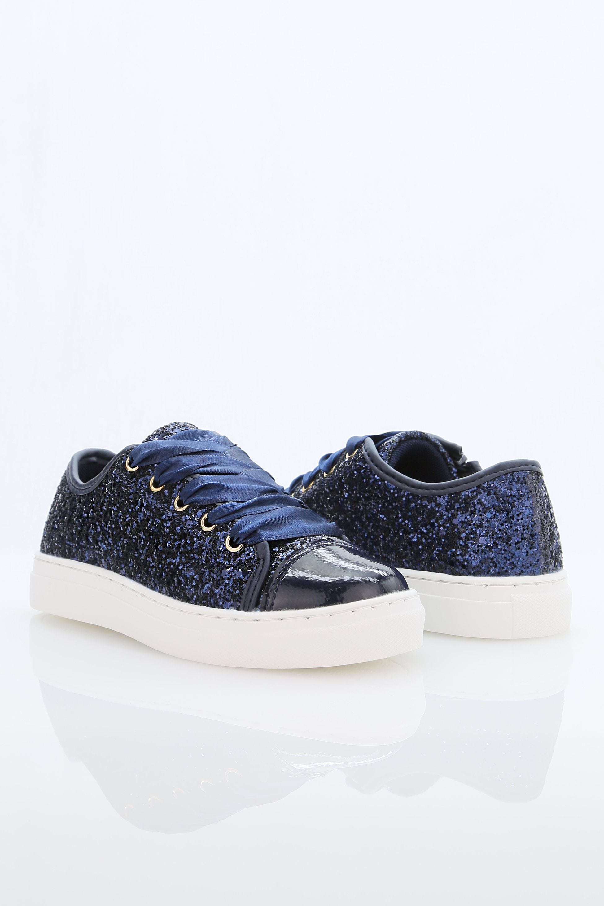 Girls' Glitter Sneakers with Satin Ribbon Laces – TRINITY - Navy Blue