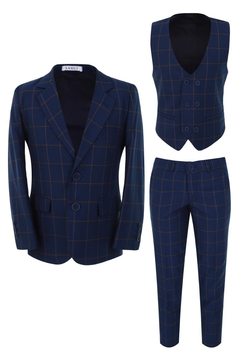 Boys Windowpane Check Navy Blue Suit Set - Navy Blue