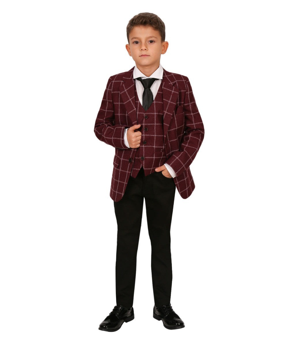 Boys Retro Windowpane Tailored Fit Check Suit - Maroon