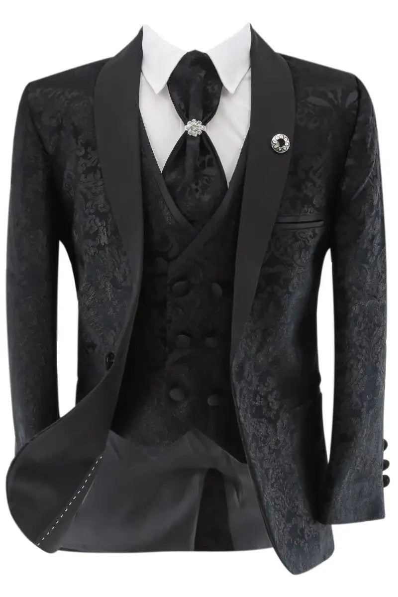 Boys Satin Lapel Paisley Floral Tuxedo Suit Set - Black