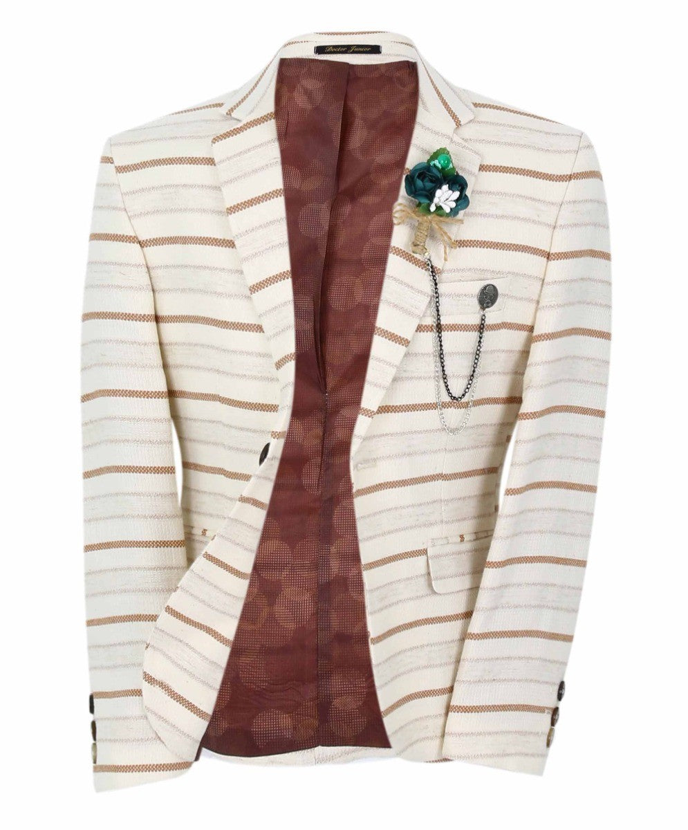 Boys Slim Fit Striped Blazer - Beige - Brown